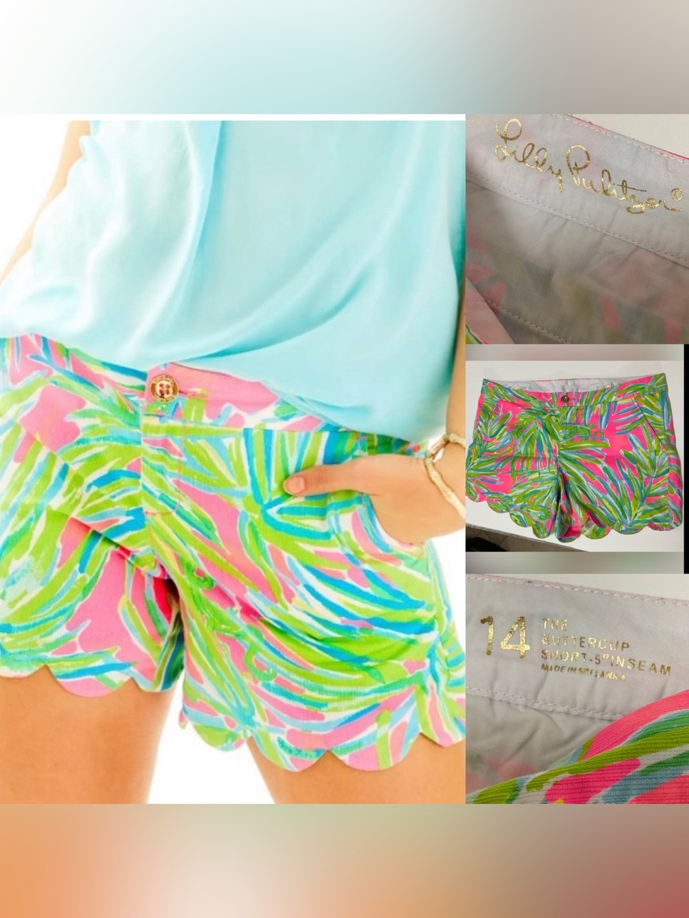 Lilly Pulitzer Womens Tiki Pink Royal Lime 5" Buttercup scalloped Shorts size 14